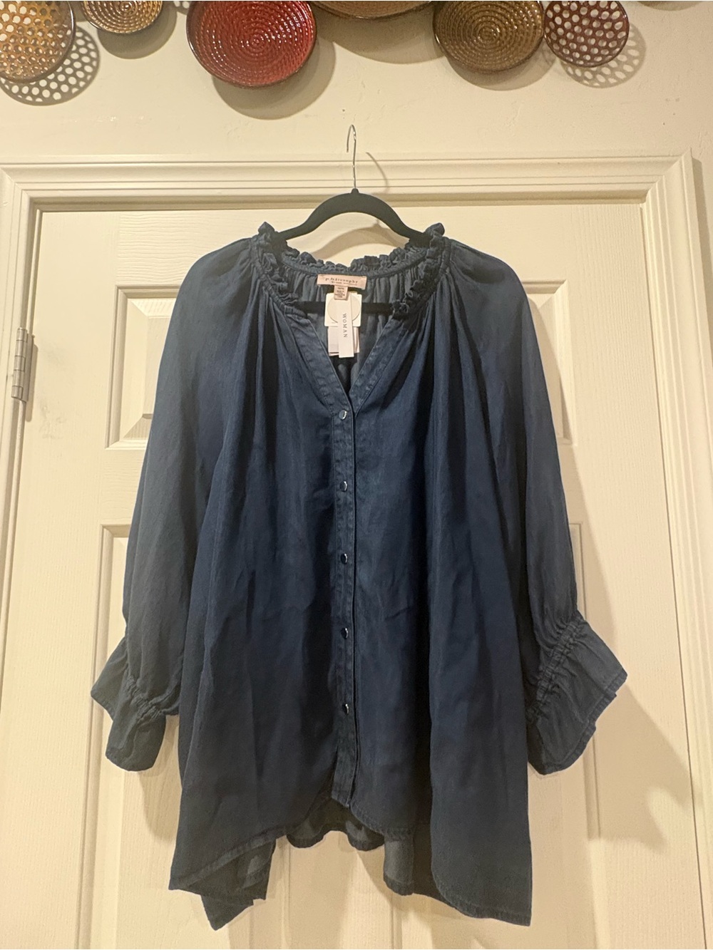 Philosophy Denim Color Tencel Button-Front Peasant Blouse